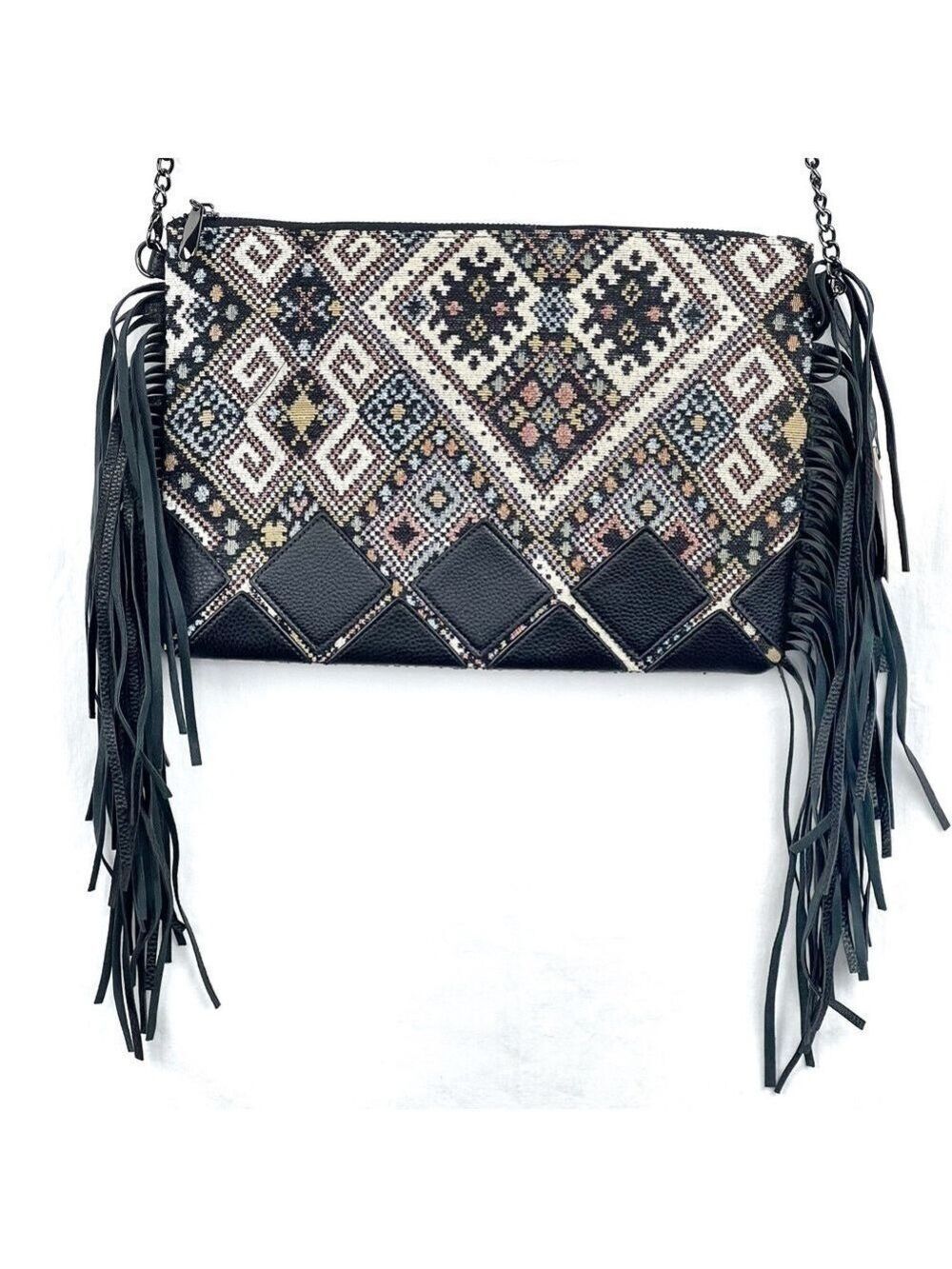 New-Molly Bracken BoHo Tweed Tapestry Leather Patches/Fringe MultiFunctional Bag